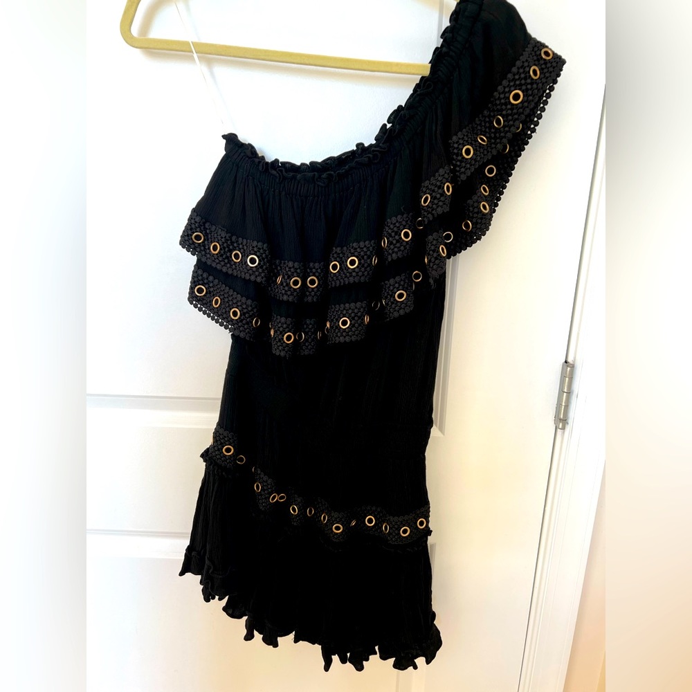 One shoulder black Misa dress.